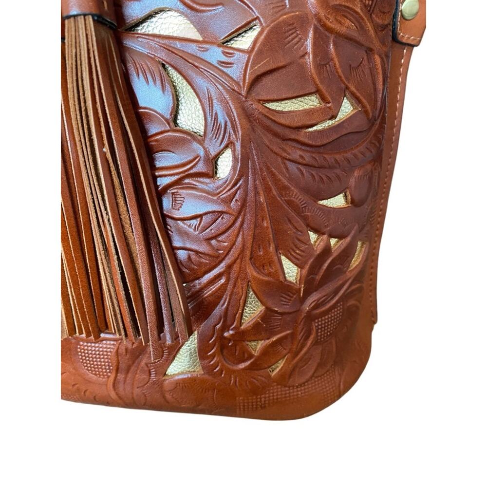 Patricia Nash Accadia Cut Out Tooling Leather Bucket Tassel Fringe Bag Purse - Picture 2 of 7